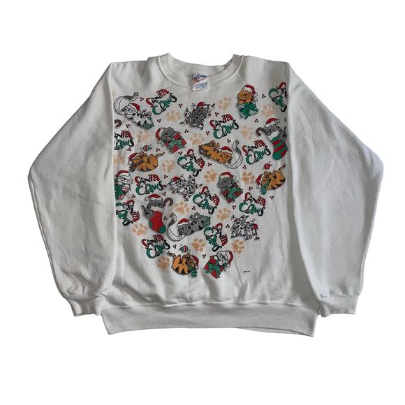 Vintage 90s Santa Claws Christmas Cat Cartoon Trisar Raglan Crewneck Sweatshirt - Picture 1 of 5